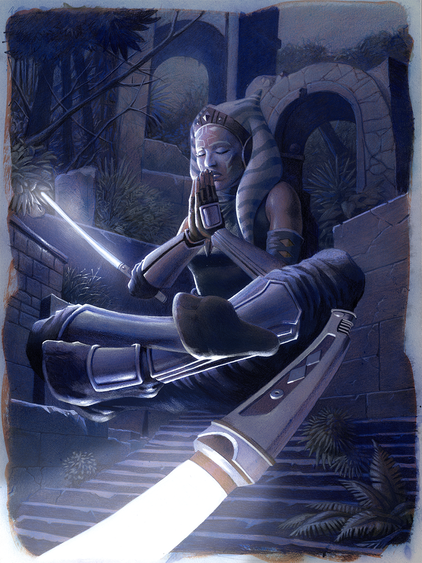 Ahsoka Tano in floating in meditation with her lightsabers lightsabers being controlled by her mind, spinning through the air, mixed media on illustration board