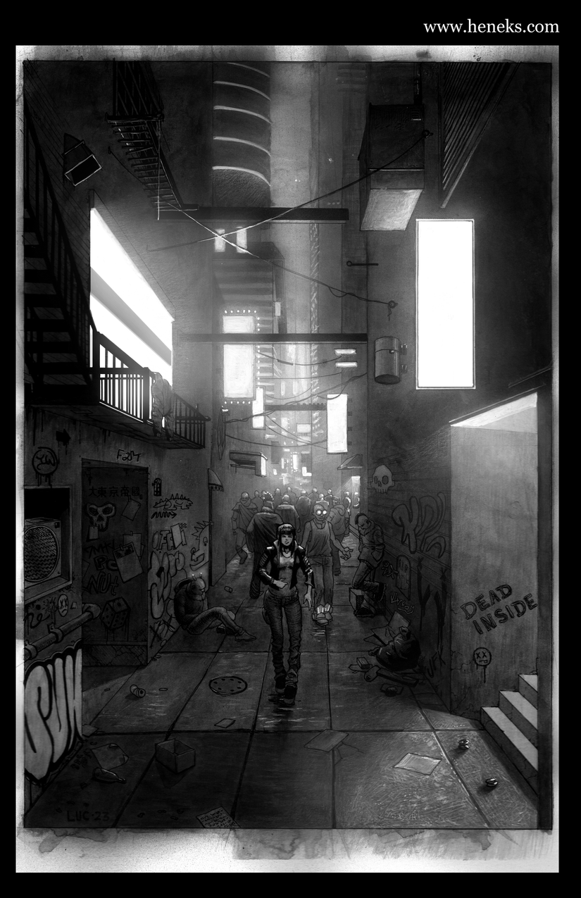 Cyberpunk alleyway at night with neon signs sketchy charcters as a female protagonist strides towards the viewer, mixed media on illustration board