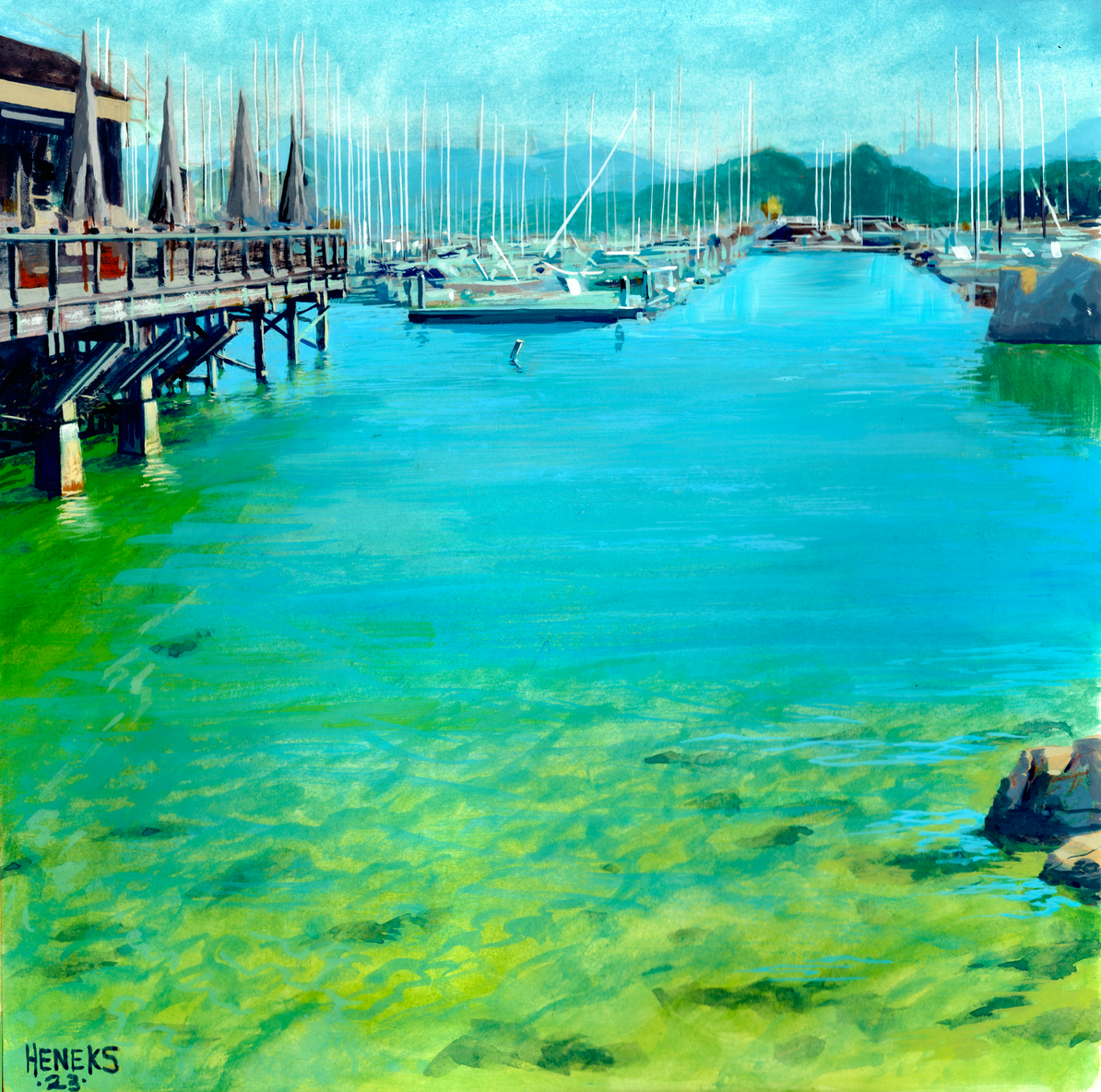 Fishermans Wharf, Monterey, CA on a sunny day with boats in the harbor. Goauche on illustration board