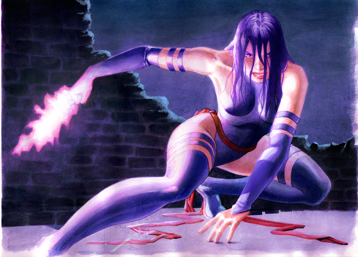 Psylocke crouched on a rooftop with her psychic knife drawn, mixed media on illustration board