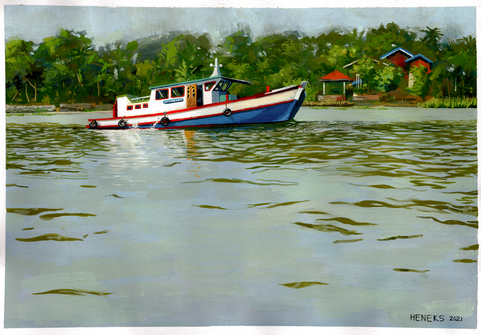 River Boat in Thailand, gouache on illustration board