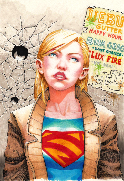 Supergirl defiantly facing the viewer, mixed media on illustration board