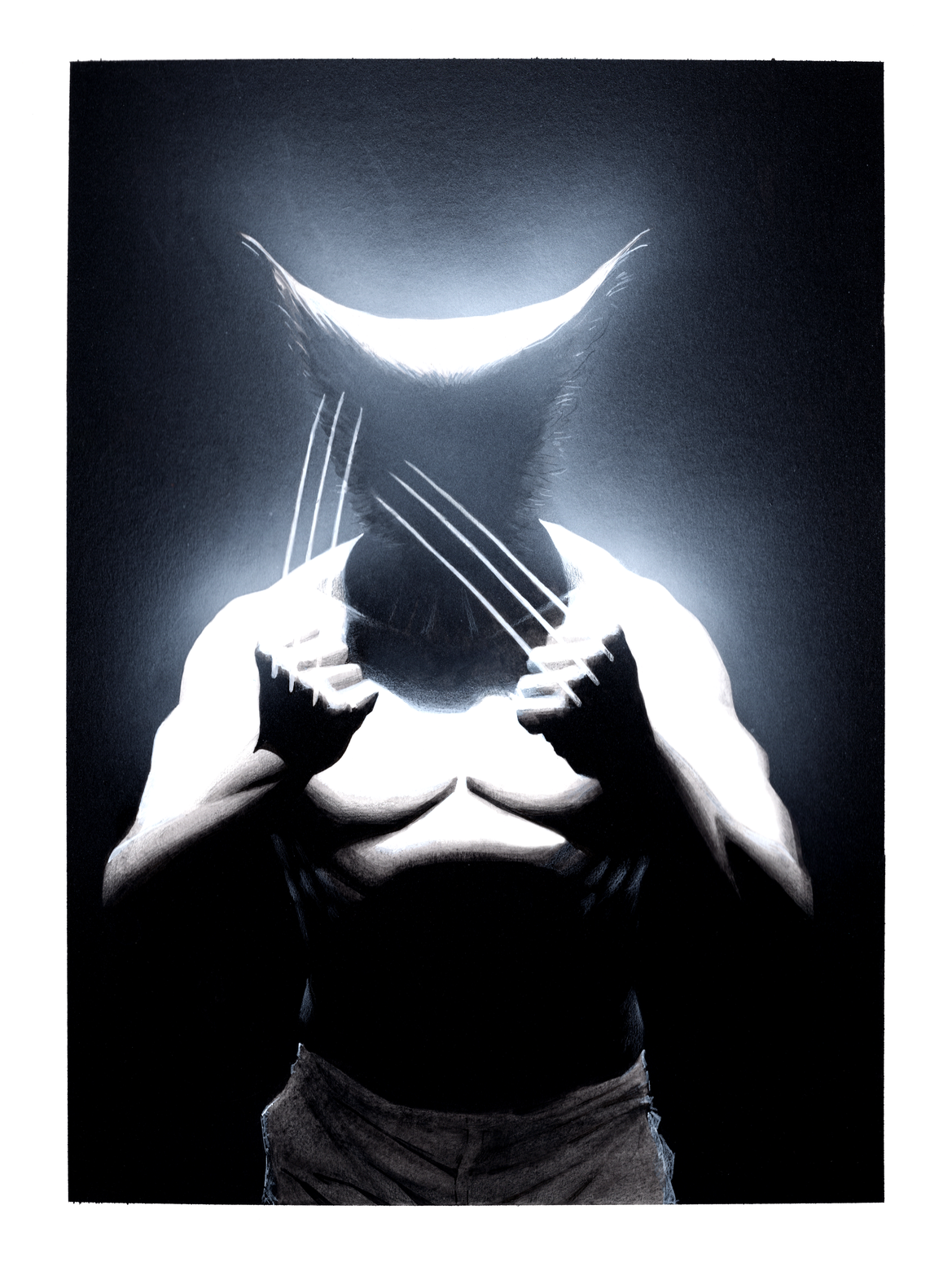 Wolverine with his face obscured by shadows, claws pointing towards the viewer, mixed media on illustration board